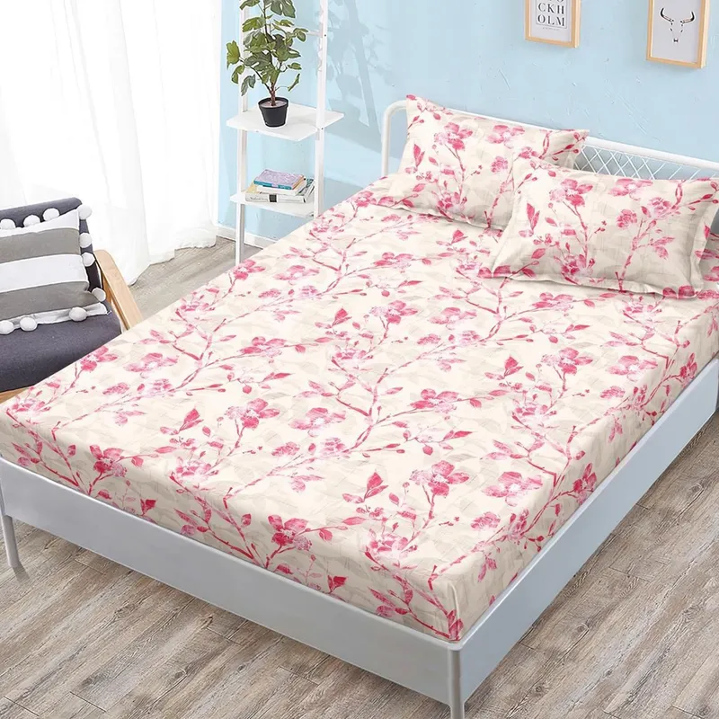 Cearceaf din Bumbac Satinat cu Elastic - 180x200 + 2 Fete Perna - Ramuri Roz - CEFN_K013