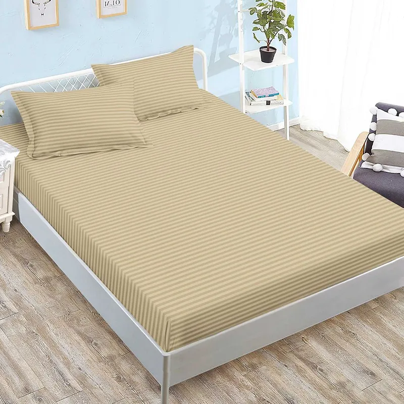 Cearceaf din Damasc Premium cu Elastic - 120/140x200 + 2 Fete Perna - Bej-Crem - CEDZ_K105