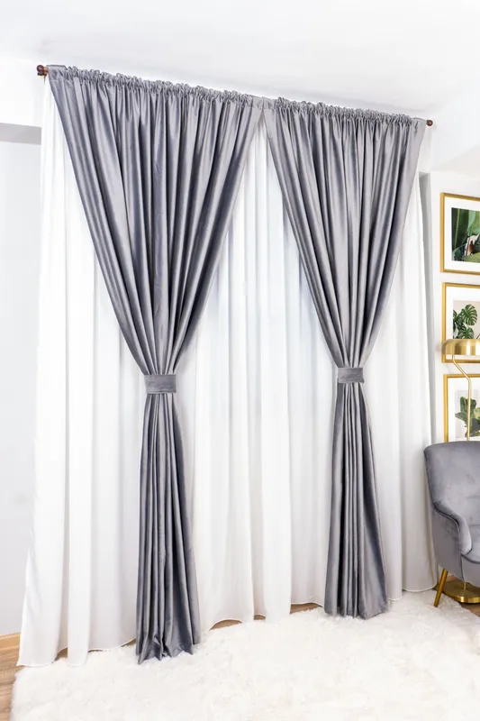 Set Rebeca - Draperie din Catifea Gri si  Perdea Matase Alba Nobila 