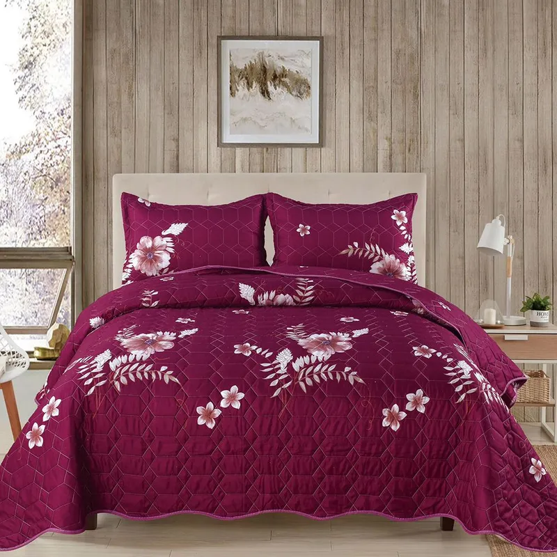 Set 3 Piese Cuvertura de Pat din Bumbac Satinat + 2 Fete de Perna 54x75 cm - Bordo cu Flori - CVBS_M127B