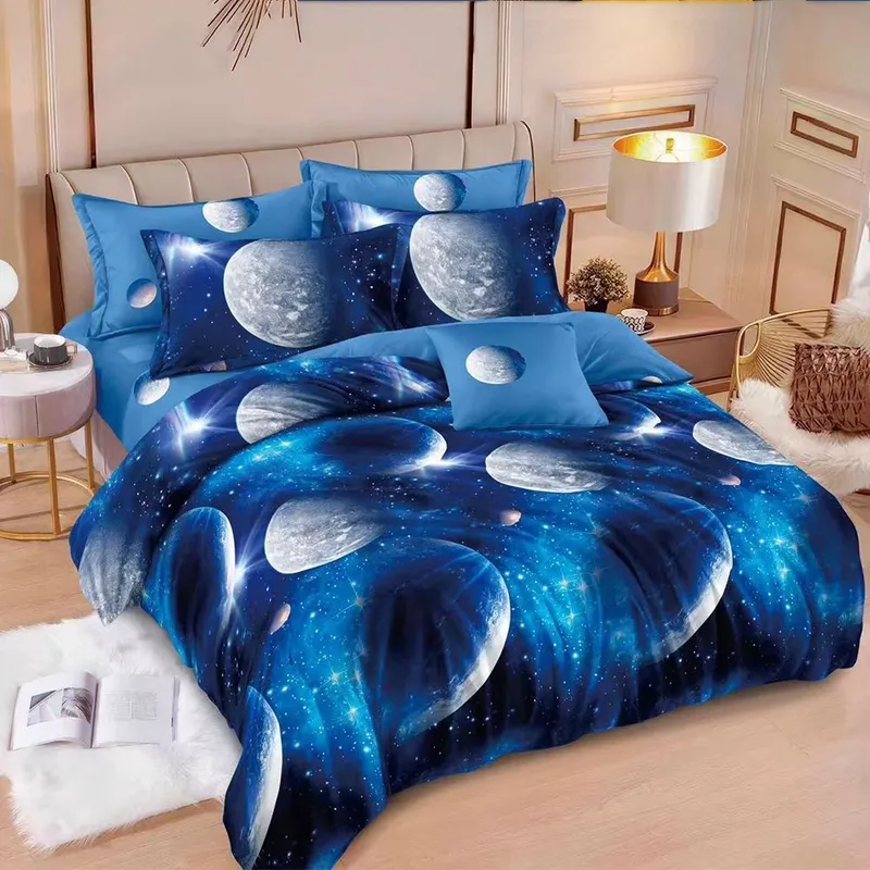 Lenjerie de Pat din Finet cu Elastic 6 Piese - 160/180x200 cm - Albastru Planete si Galaxii - LFEN_A073D