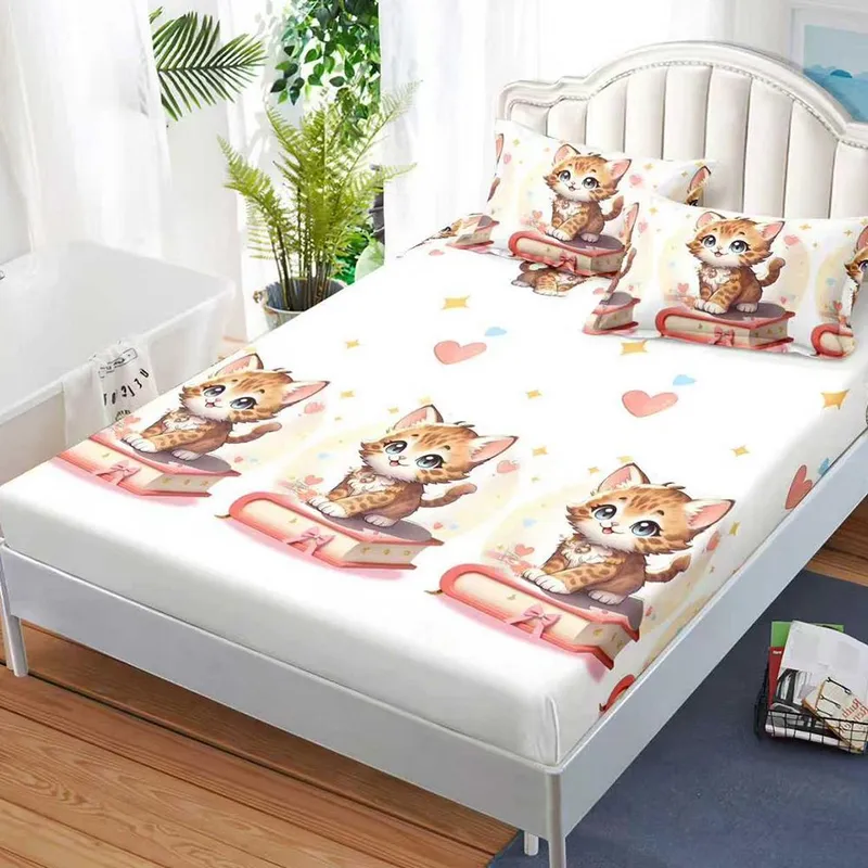 Cearceaf din Bumbac Satinat cu Elastic - 160x200 + 2 Fete Perna - Pisicuta Inteleapta - CEFN_L108B