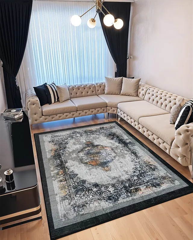 Covor pentru Dormitor 80x150 cm - Model Regal Gri cu Negru - CVHD018_80x150_CVH