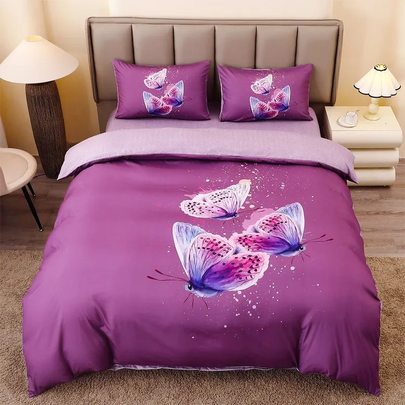 Lenjerie Mov cu Fluturasi din Finet 5D cu Cearceaf Elastic 160/180x200cm, 4 Piese - LFDEB_A098C