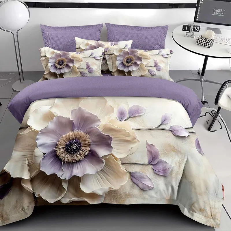 Lenjerie 6 Piese Bumbac Finet 5D - Flori Violet cu Bej  - LFDS_B070C