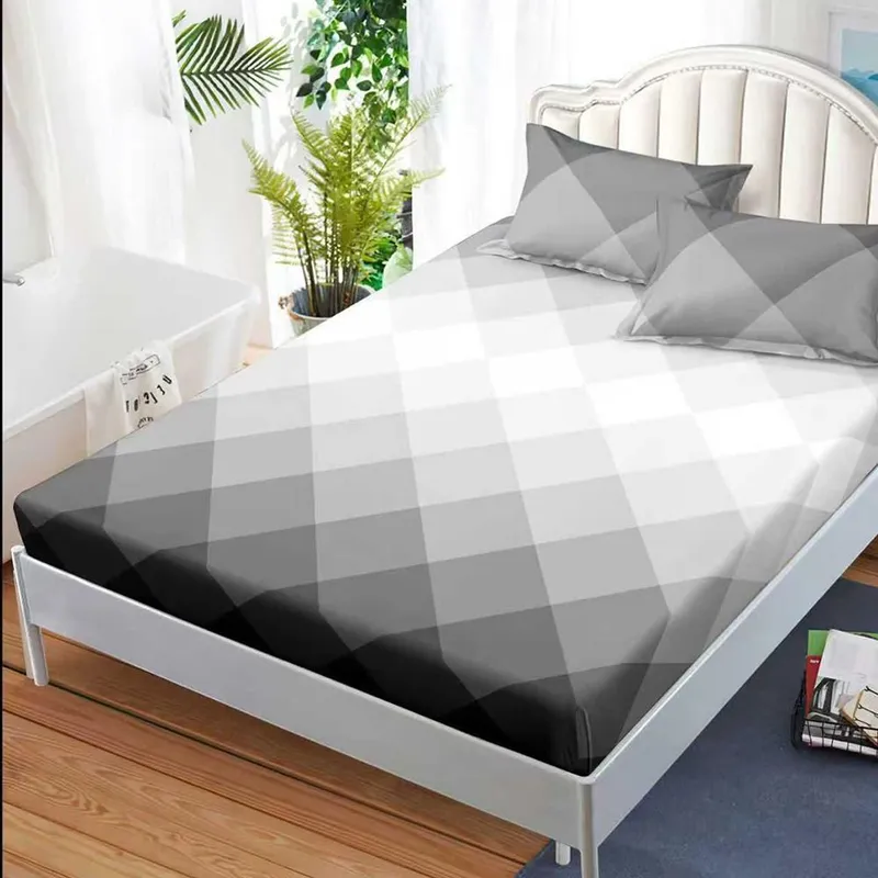 Cearceaf din Bumbac Satinat cu Elastic - 180x200 + 2 Fete Perna - Gri Geometric - CEFN_K008B