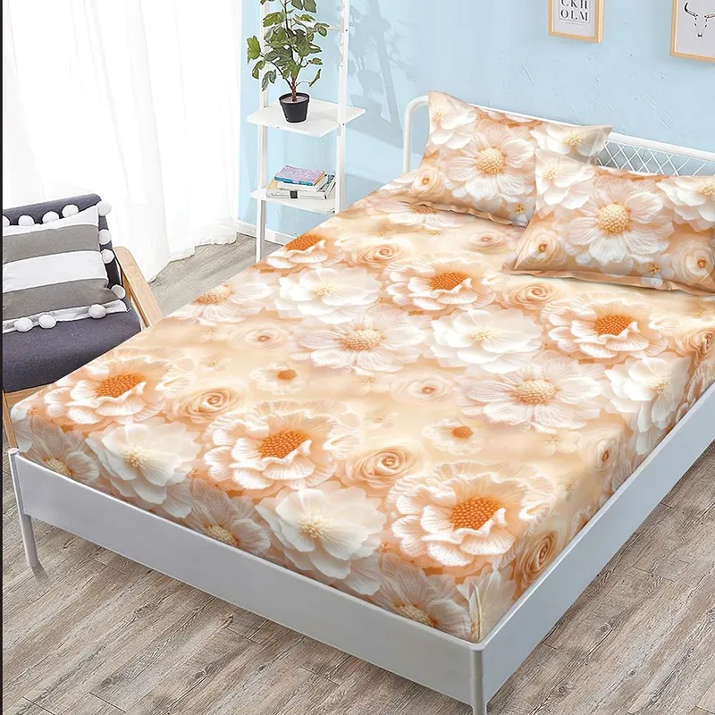 Cearceaf din Bumbac Satinat cu Elastic - 180x200 + 2 Fete Perna - Flori Crem - CEFN_K040C