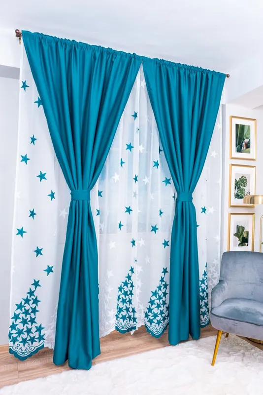 Set  Marina - Perdea din In cu Stelute Turcoaz PERD082A_300x245_D3_11_ATL si Draperii Blackout Turcoaz BOTD001_145x245_C1_07_ATL cu Rejansa Set_ATL
