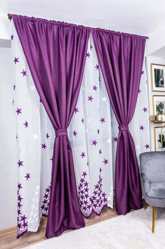 Set Rosa - Perdea din In cu Stelute Mov PERD014B 300x245cm si Draperii Premium Blackout - Mov Royal - DRPS005D 2x150x245cm cu Rejansa Set_EMG