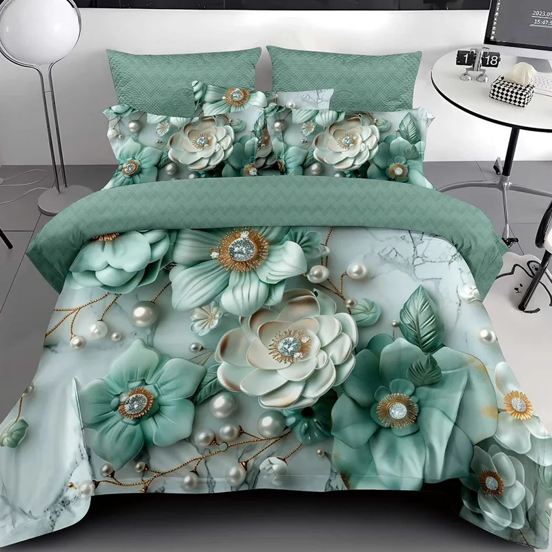 Lenjerie 6 Piese Bumbac Finet 5D - Flori Smarald cu Perle - LFDS_A137D