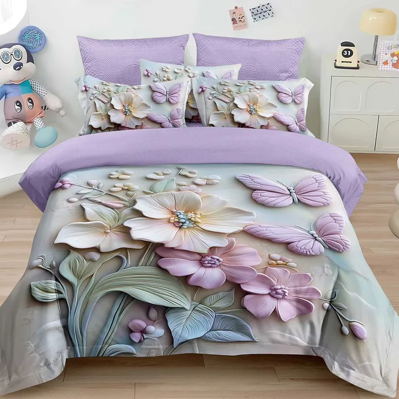 Lenjerie 6 Piese Bumbac Finet 5D - Gradina Lila - LFDS_A138D