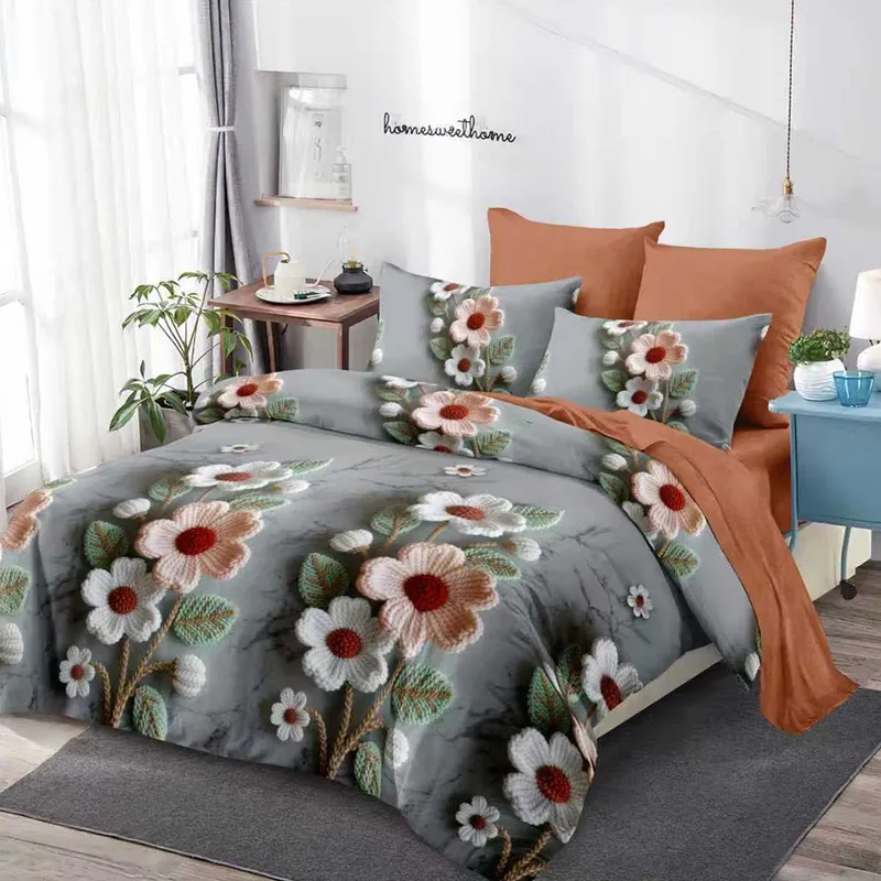 Lenjerie din Finet 3D/5D cu Cearceaf Elastic 160/180x200cm, 6 Piese - Flori Cofee si Albe - LFDEM_D160