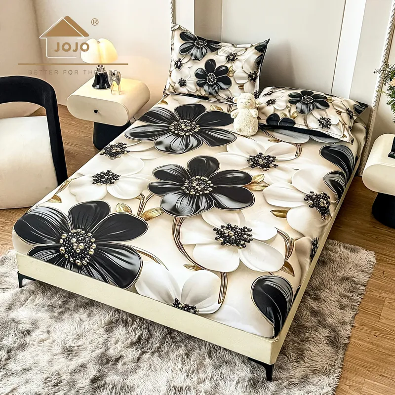 Cearceaf din Finet cu Elastic - 160/180x200 + 2 Fete Perna - Flori 3D Glamour - CEFDJ_L164B