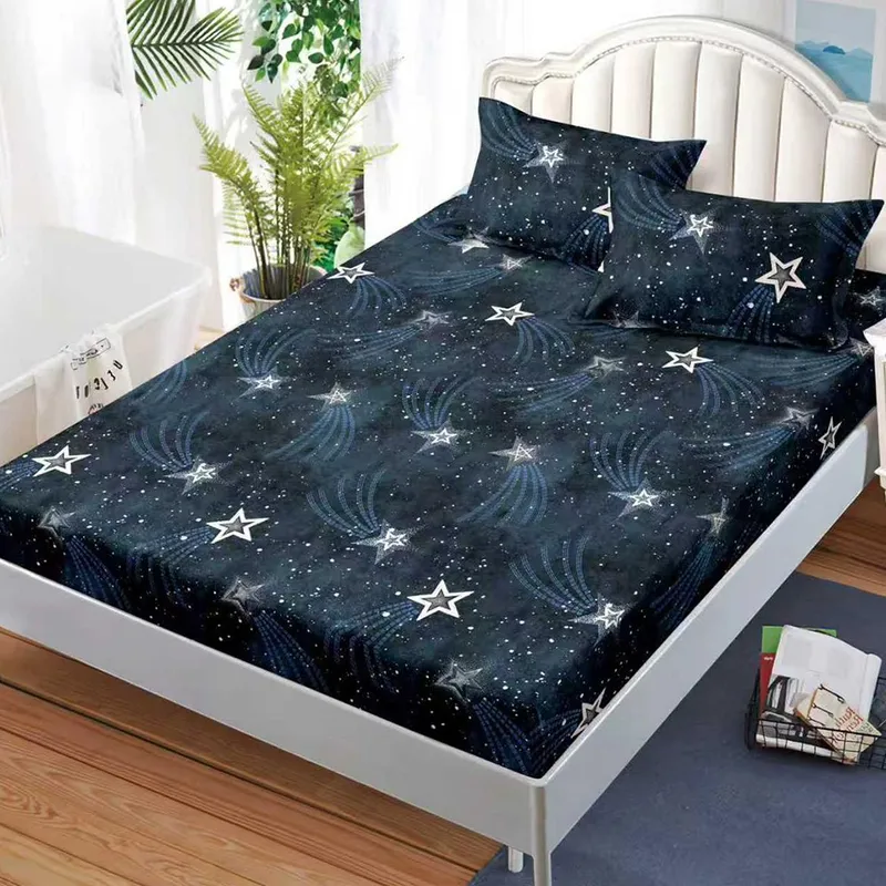 Cearceaf din Bumbac Satinat cu Elastic - 160x200 + 2 Fete Perna - Bleumarin Ploaie de Stele - CEFN_L112B