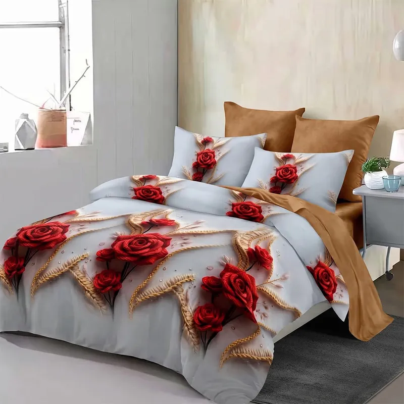 Lenjerie din Finet 3D/5D cu Cearceaf Elastic 160/180x200cm, 6 Piese - Maro cu Trandafiri - LFDEM_D161
