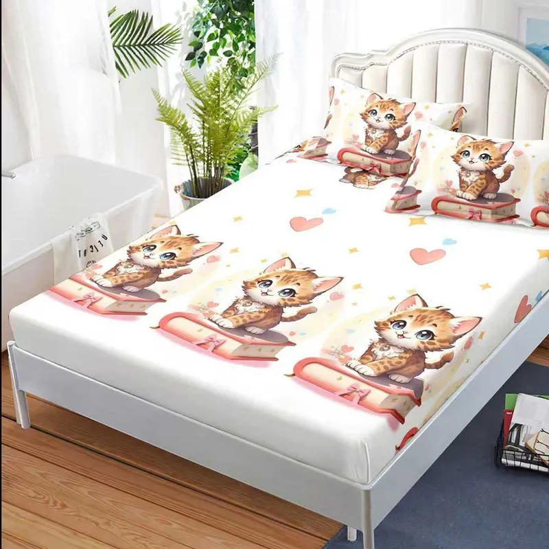 Cearceaf din Bumbac Satinat cu Elastic - 180x200 + 2 Fete Perna - Pisicuta Inteleapta - CEFN_K020
