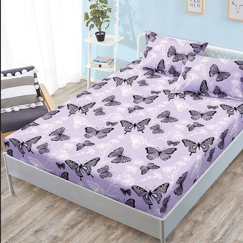 Cearceaf din Bumbac Satinat cu Elastic - 180x200 + 2 Fete Perna - Lila cu Fluturi Gri - CEFN_K037C