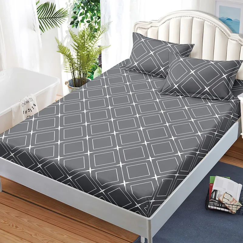 Cearceaf din Bumbac Satinat cu Elastic - 180x200 + 2 Fete Perna - Romburi - CEFN_L120C