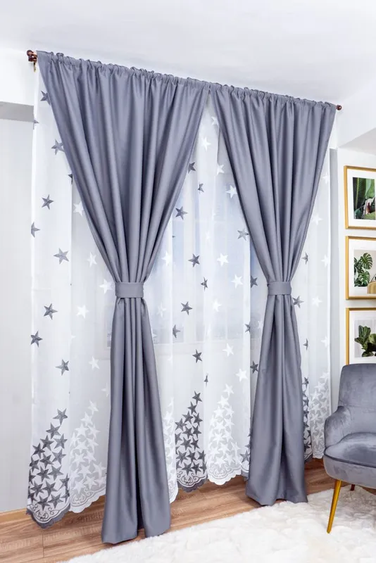 Set Sonia - Perdea din In cu Stelute Gri si Draperie Blackout - Gri Metalic