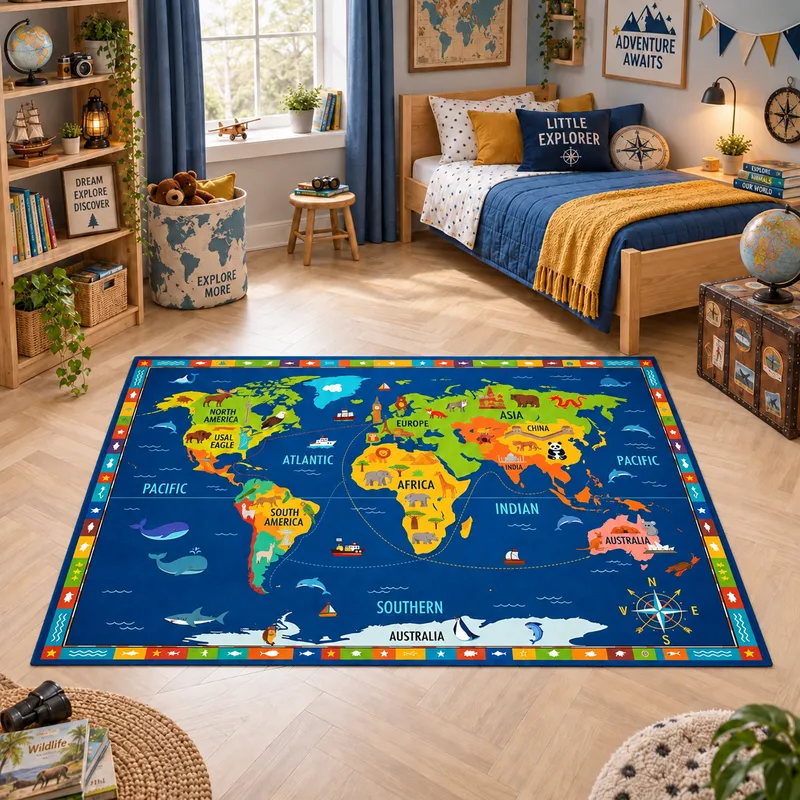Covor Copii Micul Explorator, Albastru - Verde, 80x120 cm, Polipropilena - U028