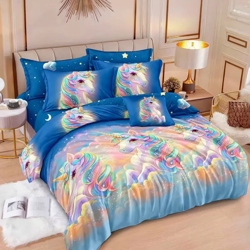 Lenjerie 6 Piese Bumbac Finet 3D/5D - Bleu Unicorni Magici - LFDN_A044E