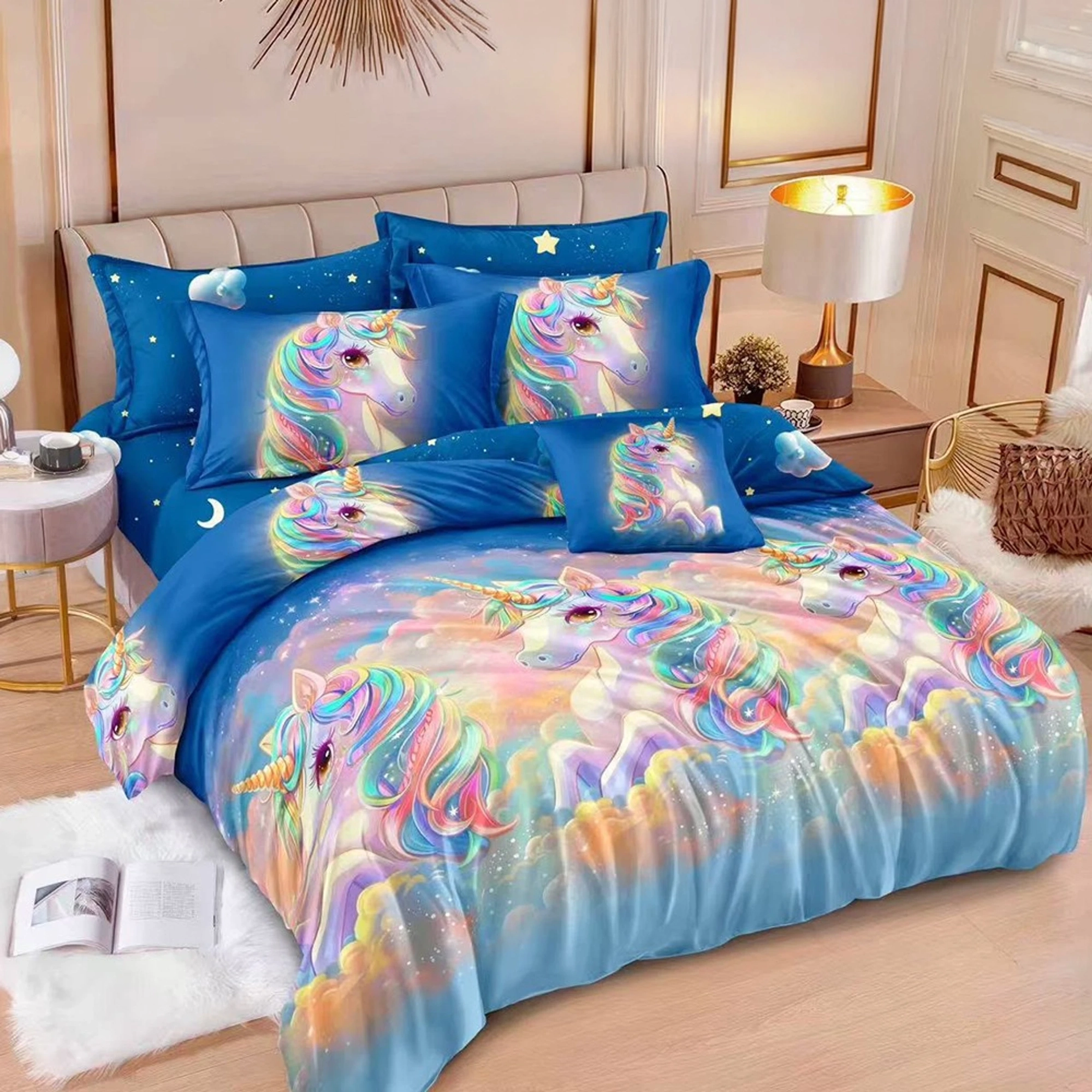 Lenjerie 6 Piese Bumbac Finet 3D/5D - Bleu Unicorni Magici - LFDN_A044E