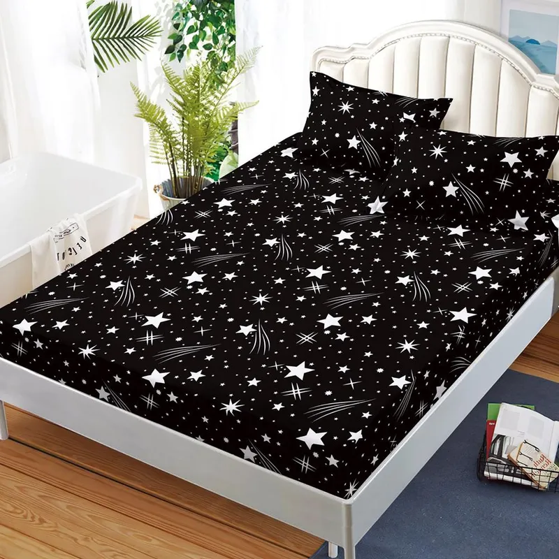 Cearceaf din Bumbac Satinat cu Elastic - 160x200 + 2 Fete Perna - Negru Ploaie de Stele - CEFN_K001B