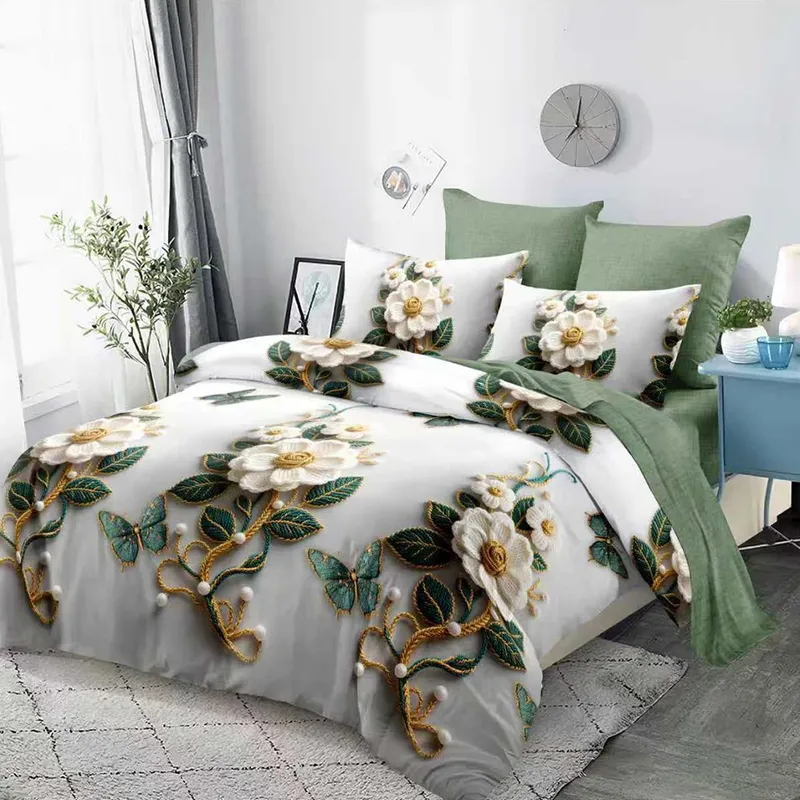 Lenjerie din Finet 3D/5D cu Cearceaf Elastic 160/180x200cm, 6 Piese - Flori Albe Crosetate - LFDEM_D154B