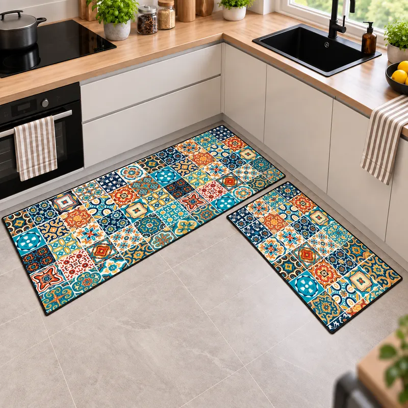 Set 2 Covoare Bucatarie Turkish, 50x80 cm si 50x160 cm, Turcoaz - Crem, Polipropilena, Antiderapant - U073
