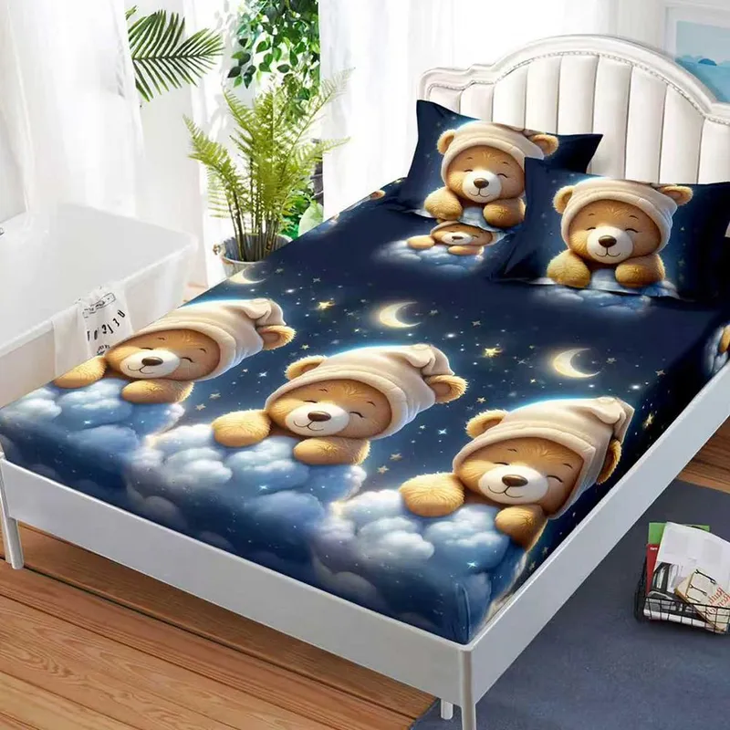 Cearceaf din Bumbac Satinat cu Elastic - 160/180x200 + 2 Fete Perna - Noapte Buna Ursuleti! - CEFN_L089B
