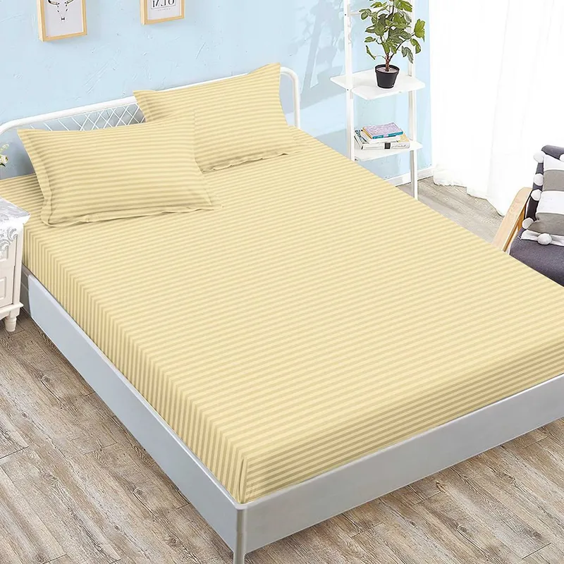 Cearceaf din Damasc Premium cu Elastic - 120/140x200 + 2 Fete Perna - Crem Intens - CEDZ_K106