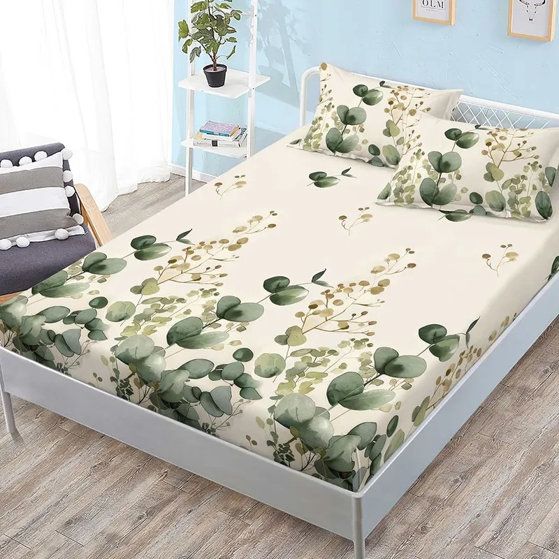 Cearceaf din Finet cu Elastic - 160/180x200 + 2 Fete Perna - Frunze Verzi - CEFN_L137