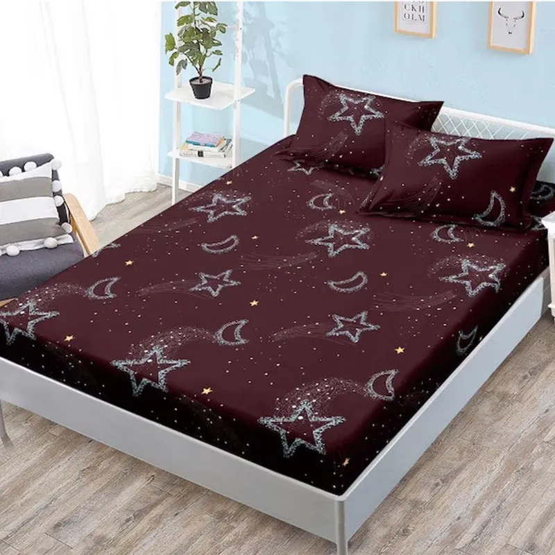 Cearceaf din Bumbac Satinat cu Elastic - 160/180x200 + 2 Fete Perna - Stele Bordo - CEFN_L092B 