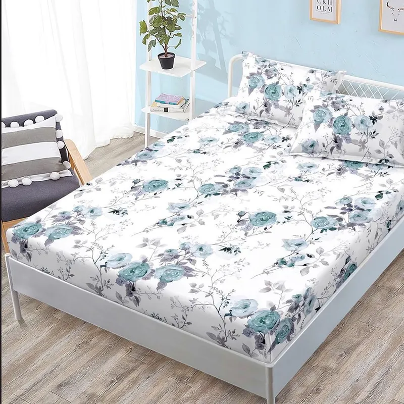 Cearceaf din Bumbac Satinat cu Elastic - 180x200 + 2 Fete Perna - Trandafiri Degrade Turcoaz - CEFN_K003B
