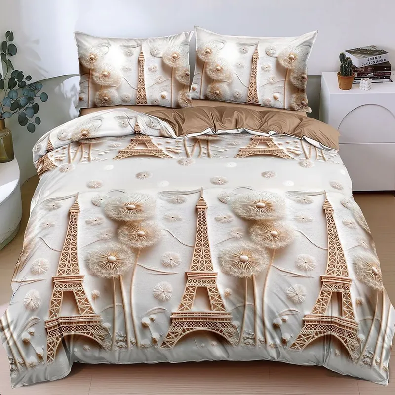 Lenjerie Bumbac Satinat 4 Piese - Crem cu Turnul Eiffel - LBDP_G082C