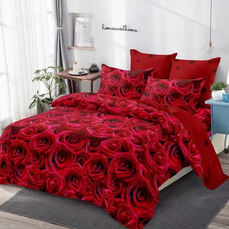 Lenjerie de Pat din Finet cu Elastic 6 Piese - 160/180x200 de Pucioasa - Trandafiri Rosii - LFEN_A042D