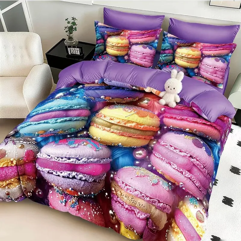 Lenjerie din Finet 3D/5D cu Cearceaf Elastic 160/180x200cm, 6 Piese - Macarons - LFDEN_A034C