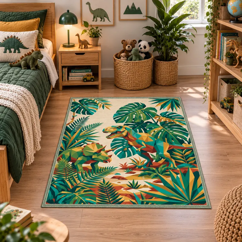 Covor Copii Lumea Dinozaurilor, Verde - Crem, 120x180 cm, Polipropilena - U034