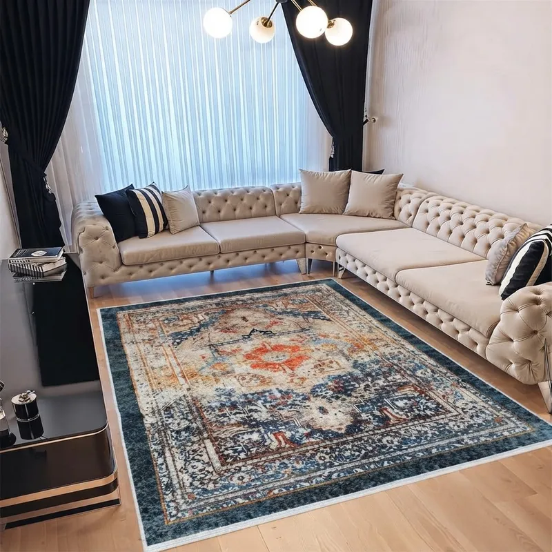 Covor pentru Dormitor 80x150 cm - Model Turcesc Albastru cu Bej - CVHD017_80x150_CVH